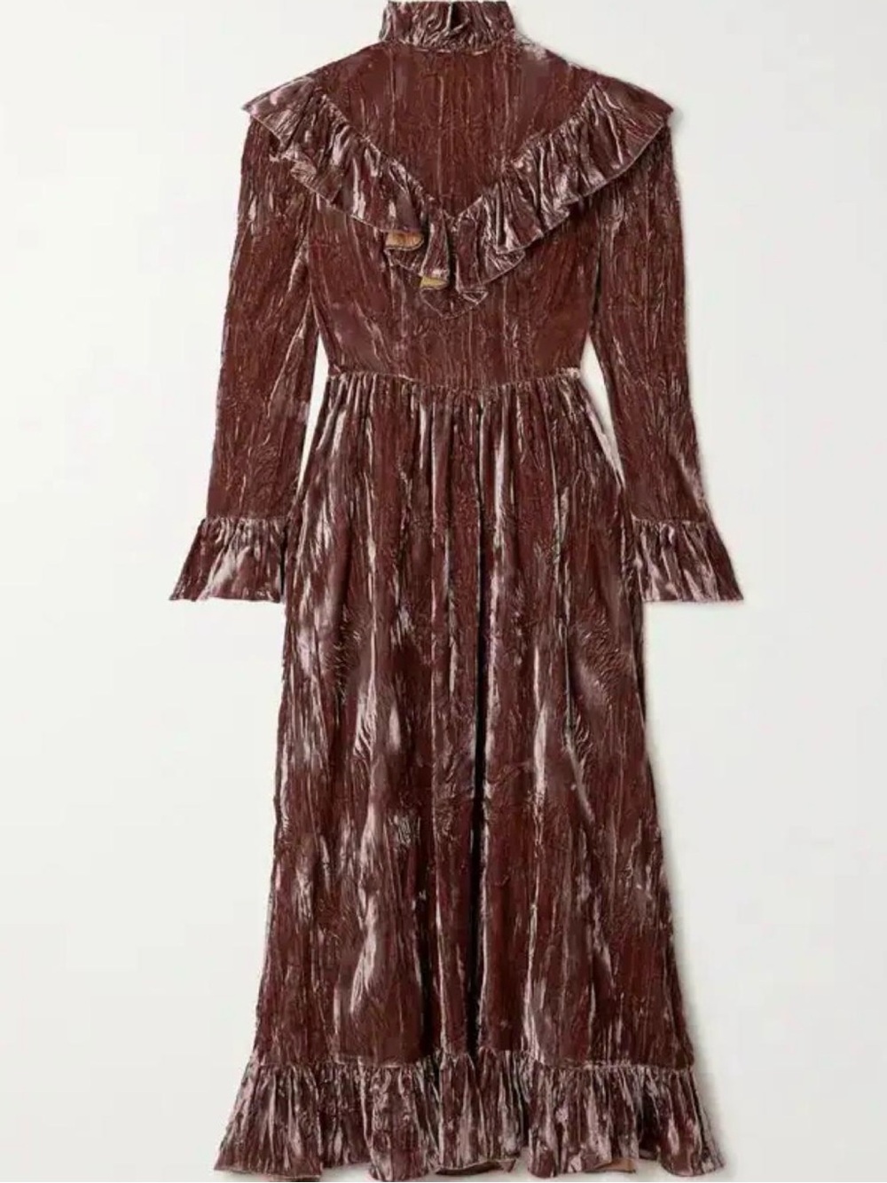 Batsheva Brown Crushed Velvet Ruffle Maxi Dress